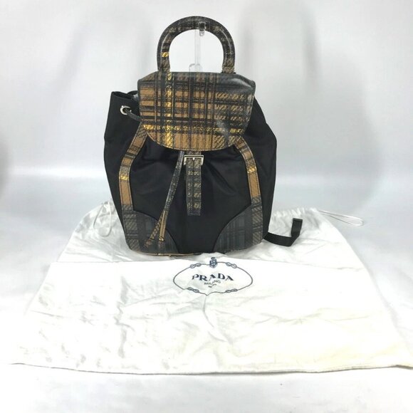 PRADA 1BZ038 triangle logo plate check backpack bag drawstring bag Backpack - Picture 7 of 14